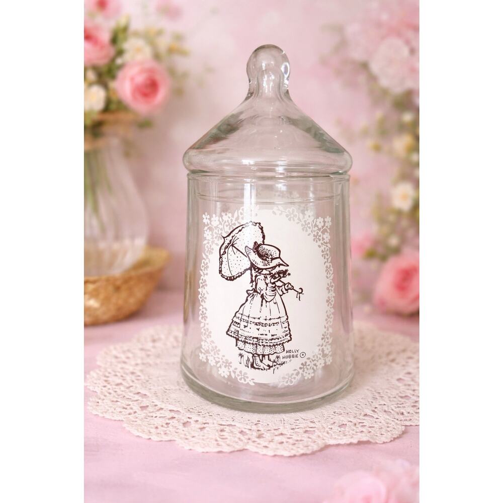 Vintage Holly Hobbie Glass Candy Tea Jar Cansiter Lid American Greetings
